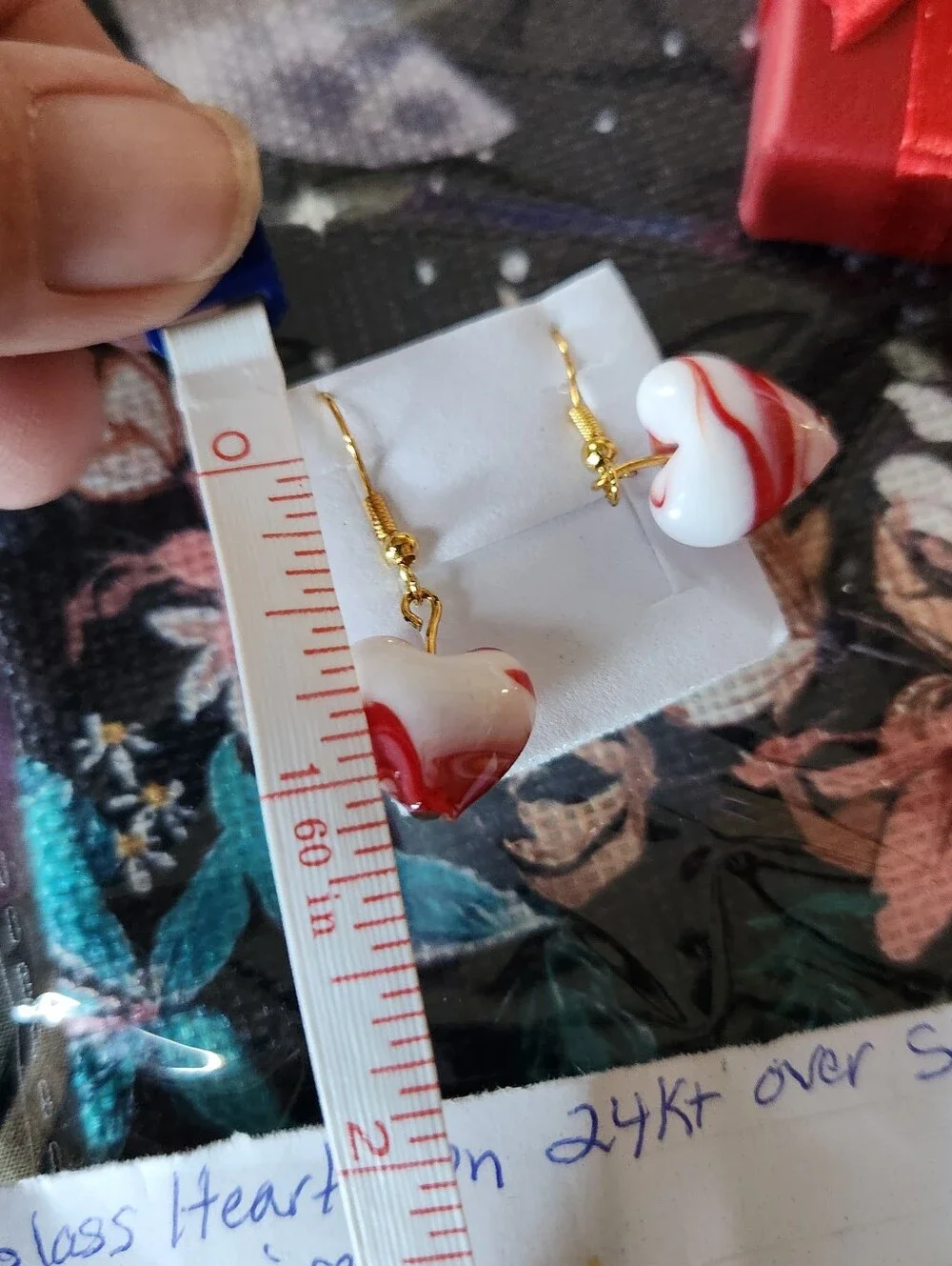 Red Glass Heart Earrings On 24kt Gold Over Stainless Steel Earwires.